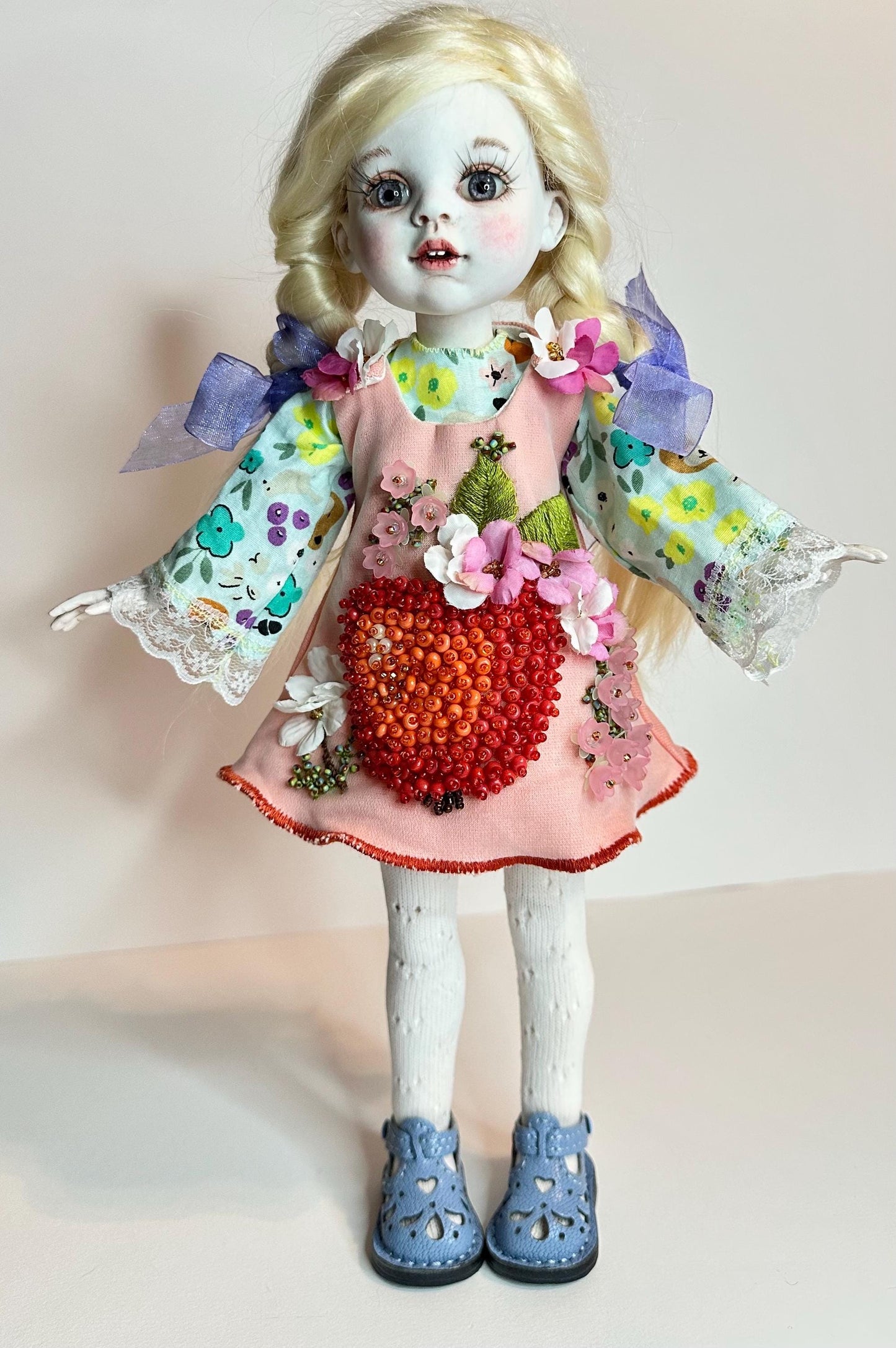 Apple Blossom Doll Dress 🍎 | Handmade Linen Dress for 30–32cm BJD Dolls | Collectible Doll Outfit