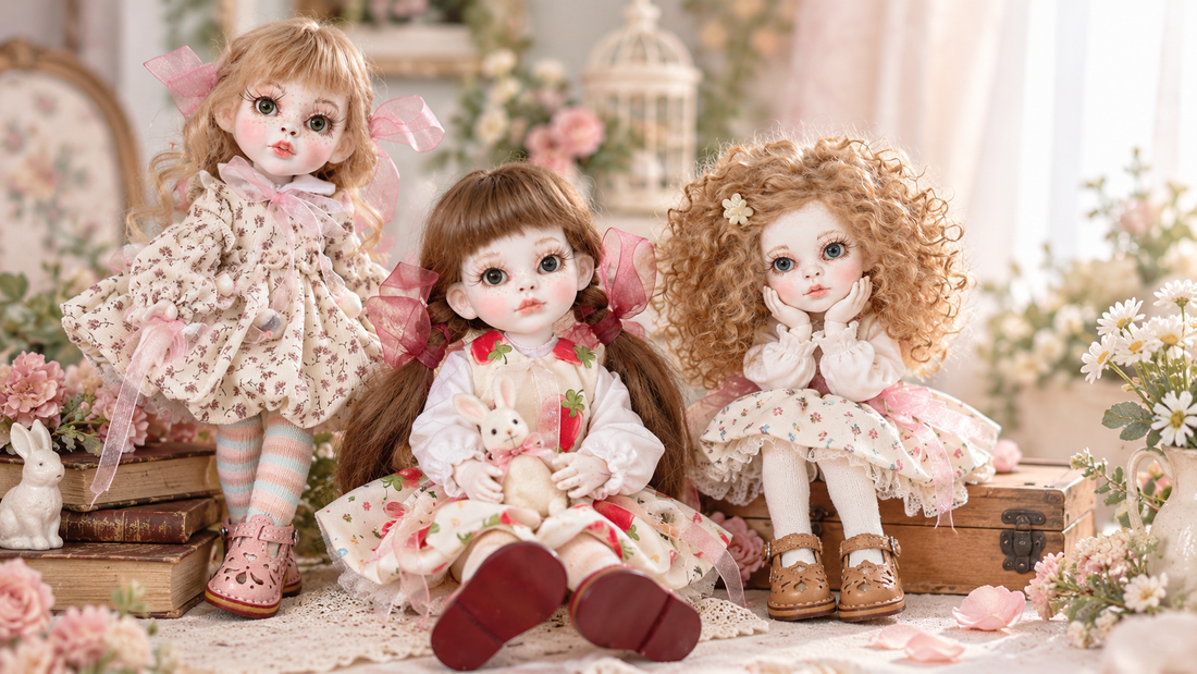 Three handmade OOAK BJD art dolls by Olga Uvarova in a soft fairytale setting