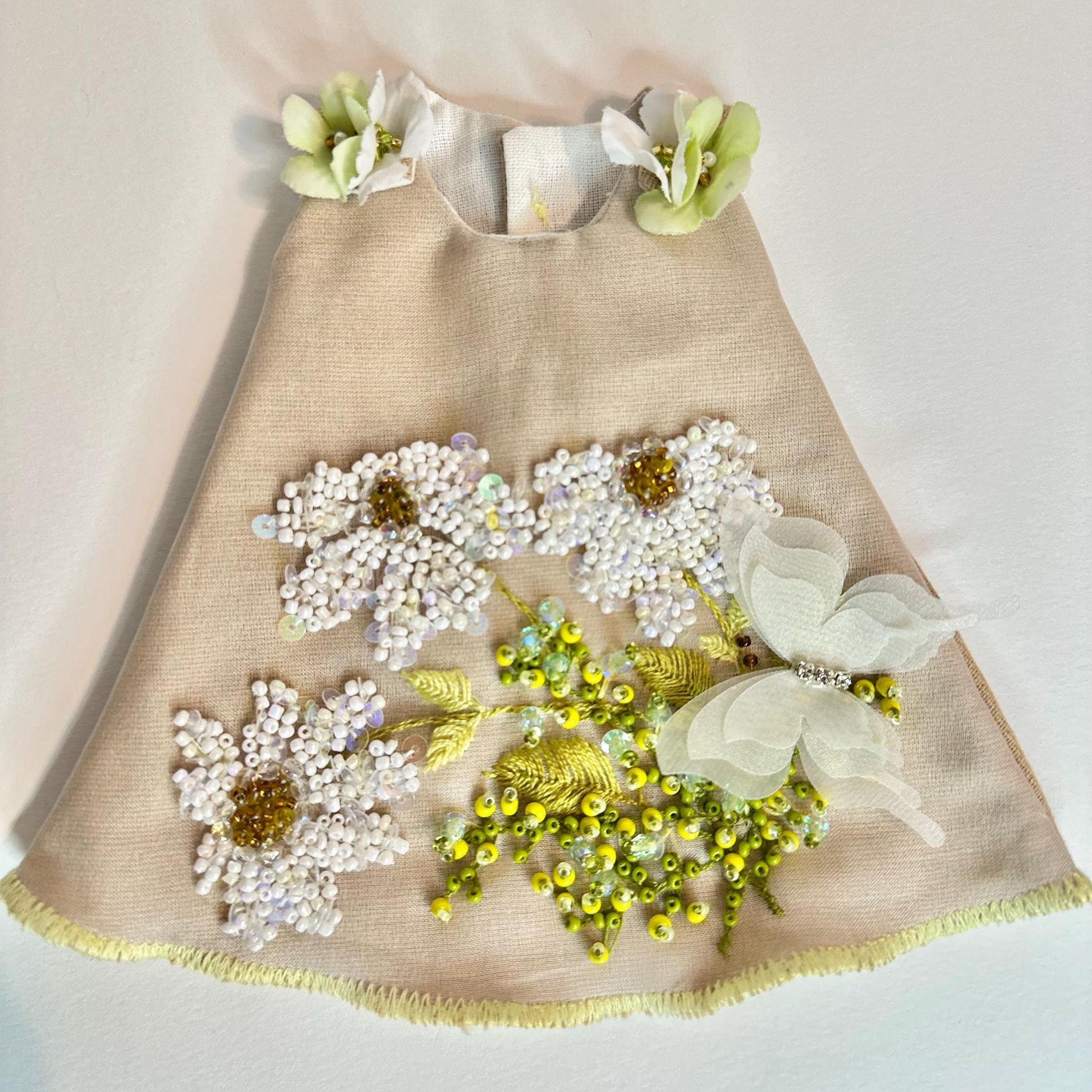 Beige dress with floral embellishments on a light background | Daisy Meadow Doll Dress 🦋 | Handmade Linen Dress for 30–32cm BJD Dolls | Collectible Doll Outfit | Olga Uvarova