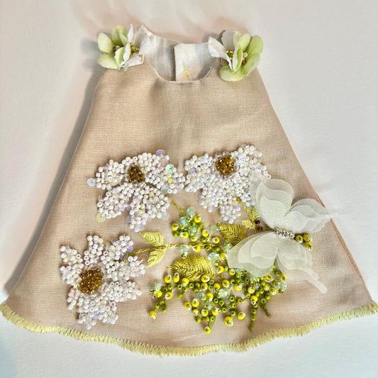Beige dress with floral embellishments on a light background | Daisy Meadow Doll Dress 🦋 | Handmade Linen Dress for 30–32cm BJD Dolls | Collectible Doll Outfit | Olga Uvarova